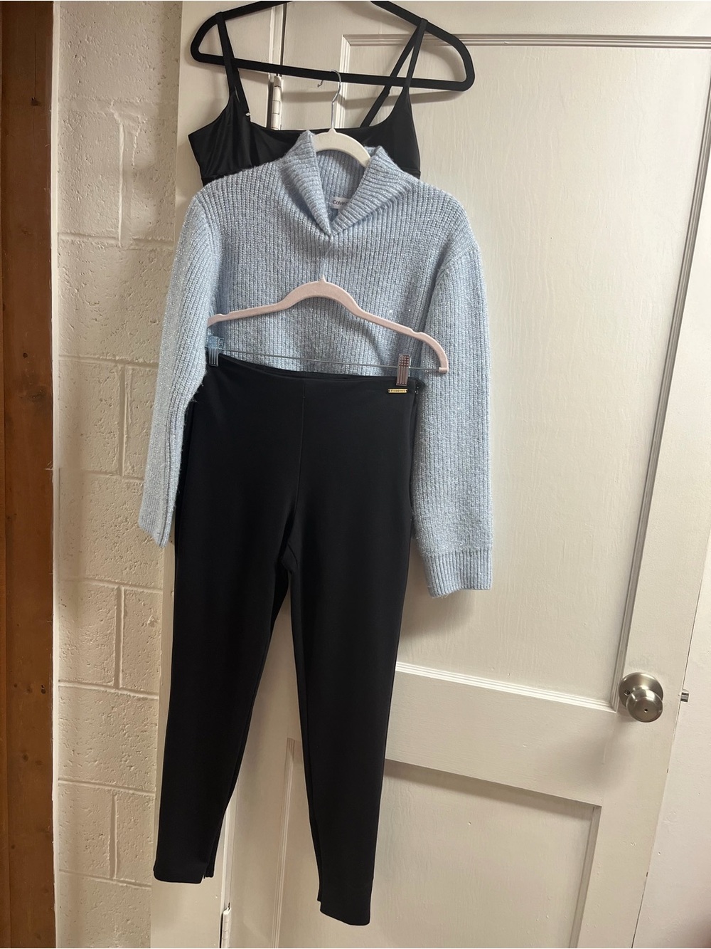 Fabletics leggings/Calvin Klein Light Blue Metallic Crewneck Sweater/VS bralette
